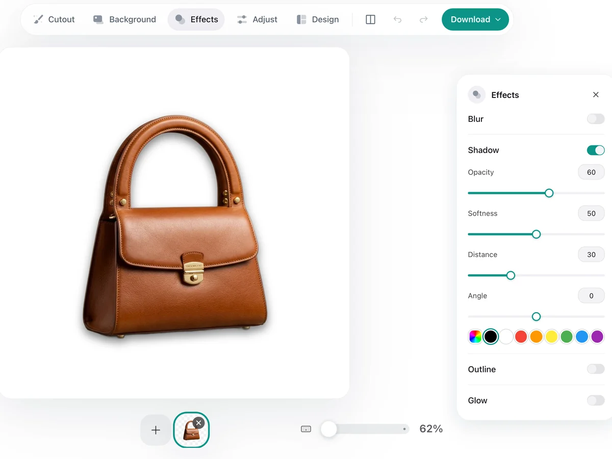 PixRemove 编辑器的“特效”面板，阴影已开启