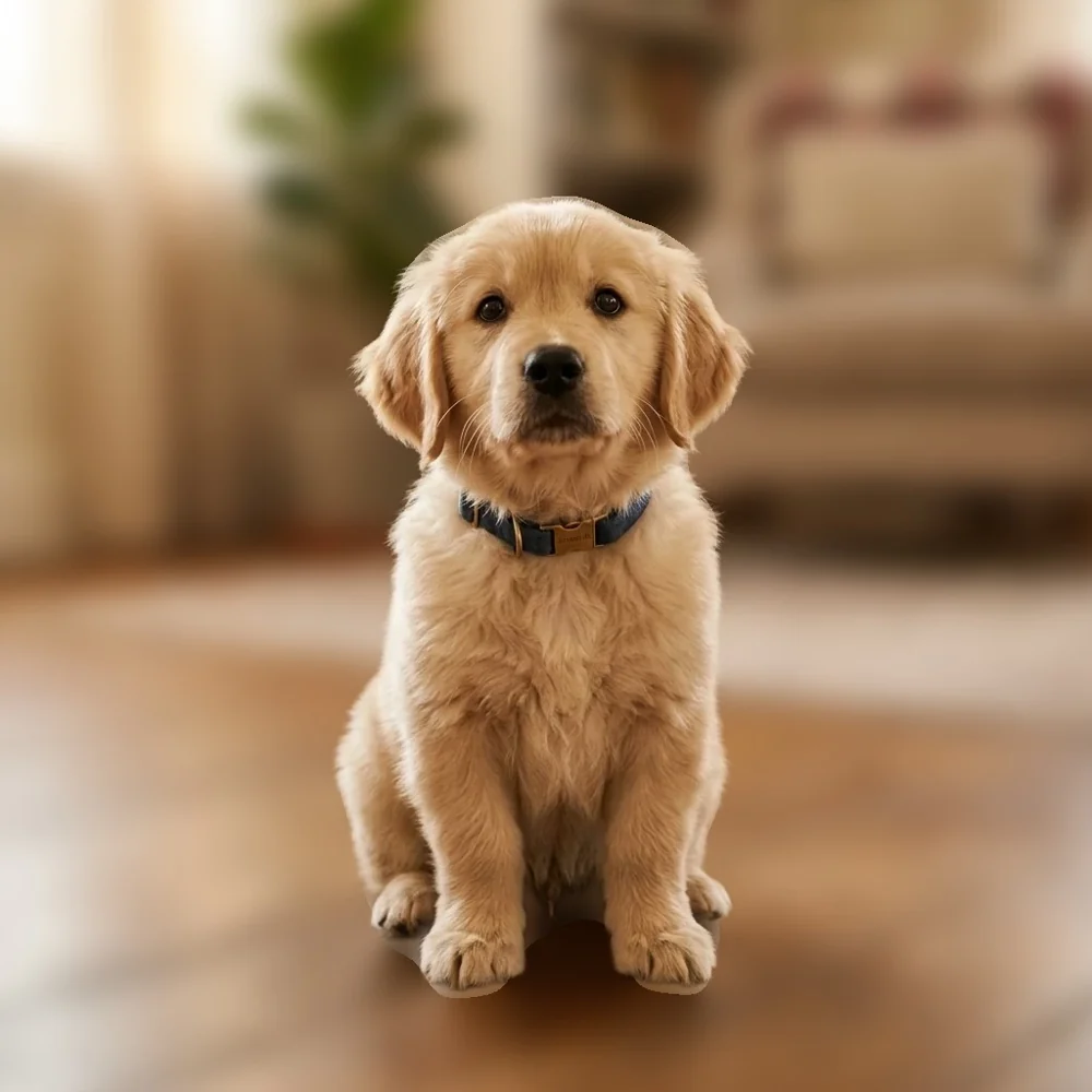 Golden retriever puppy sitting in a living room — After
