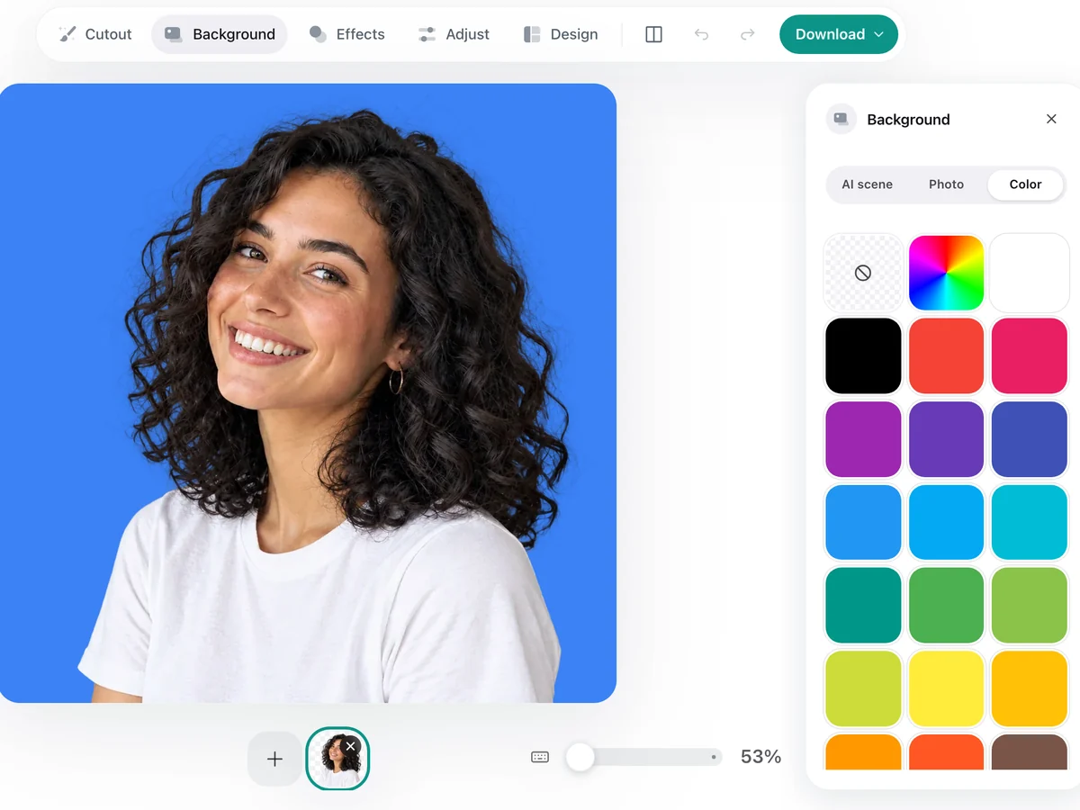 The PixRemove editor’s Color tab with a portrait on blue