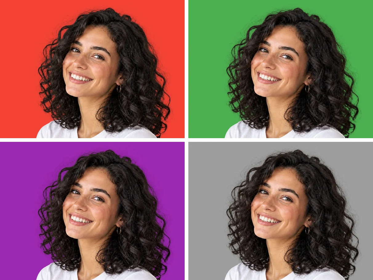 The same portrait on red, green, purple and grey backgrounds