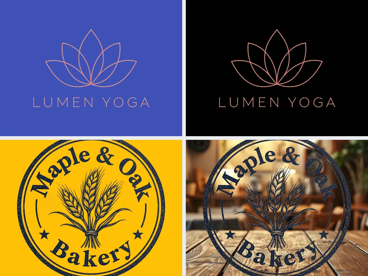 Two logos on blue, black, yellow and wooden backgrounds