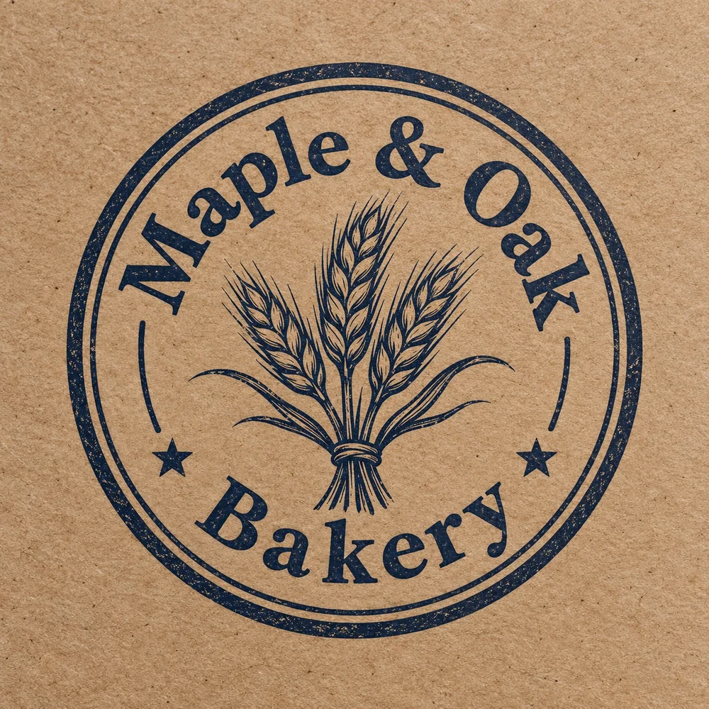 Maple & Oak Bakery badge printed on kraft paper