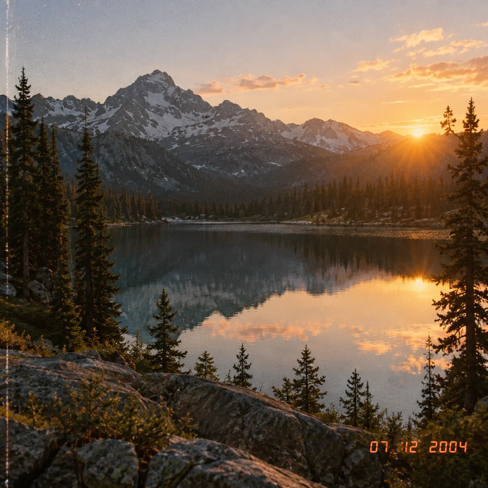 Mountain lake at sunrise with an orange date stamp