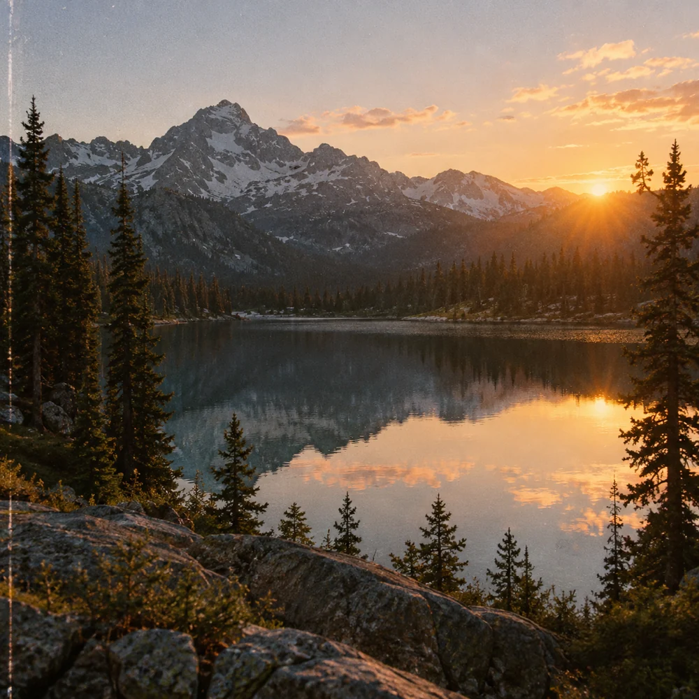 Mountain lake at sunrise with an orange date stamp — After