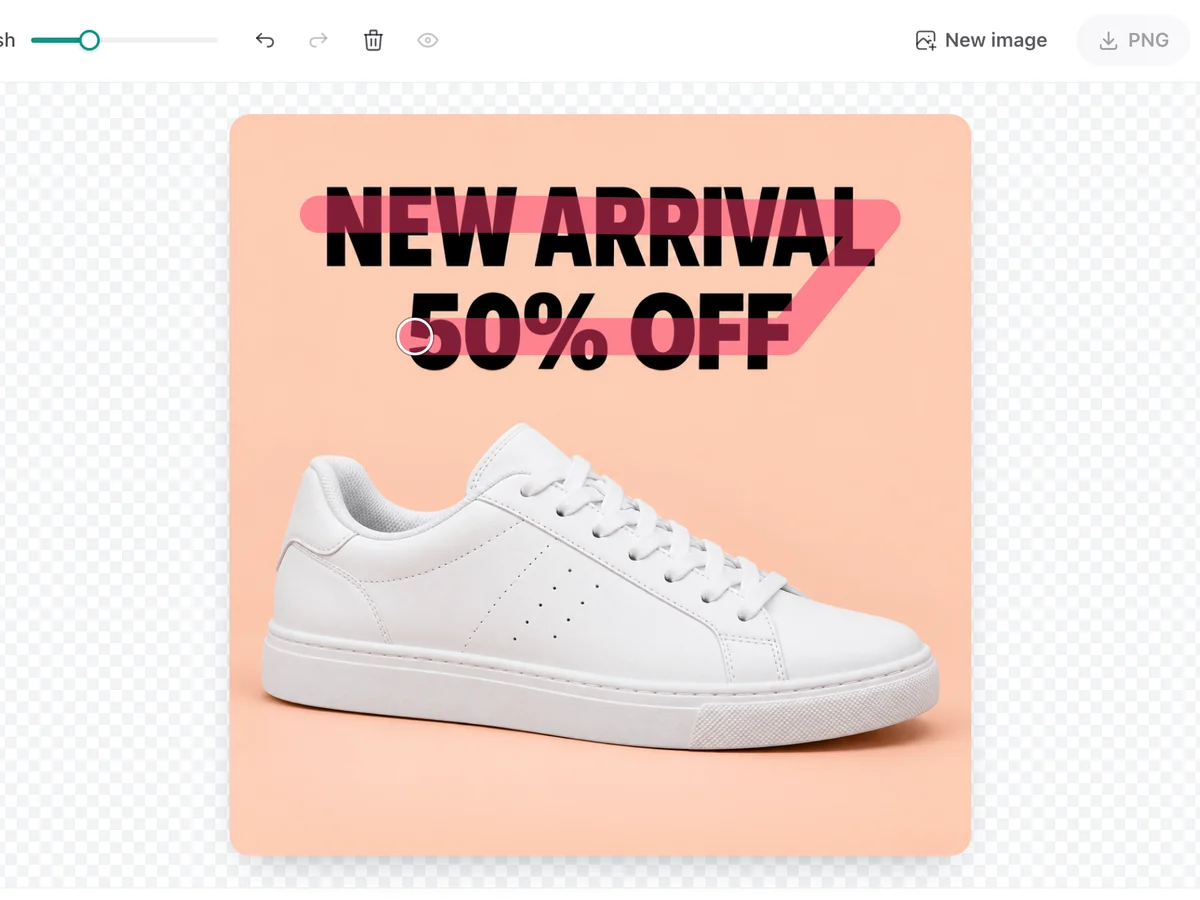 The PixRemove eraser with a brush stroke over sale text on a product photo