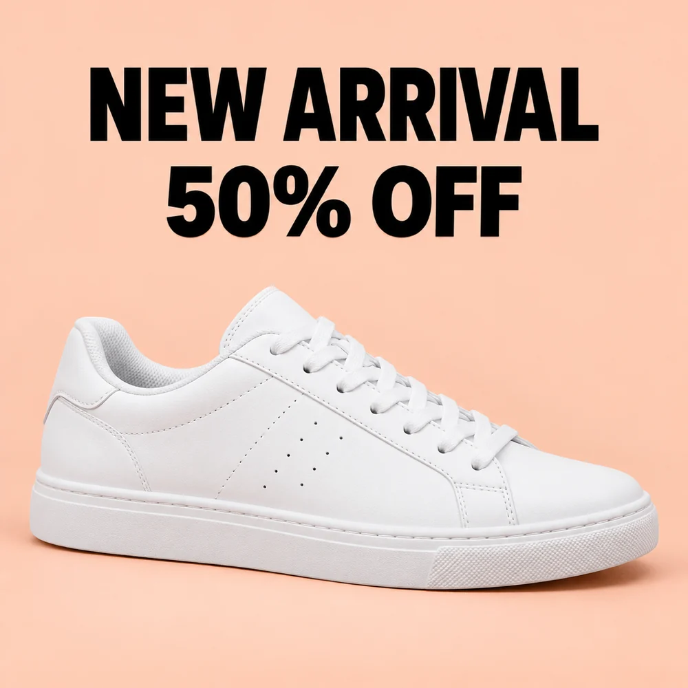 White sneaker on a peach background with sale text
