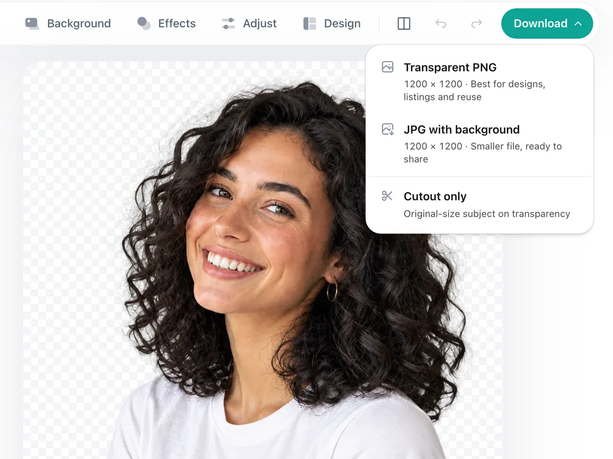 เมนูดาวน์โหลดของ PixRemove บนภาพบุคคลพื้นหลังโปร่งใส